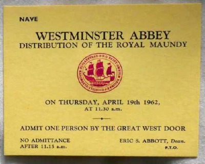 1962 Maundy Service entry ticket.