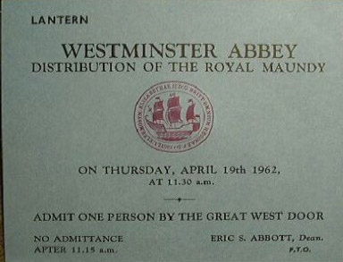 1962 Blue Maundy Service entry ticket.