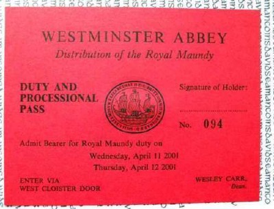 2001 Maundy Service entry ticket.